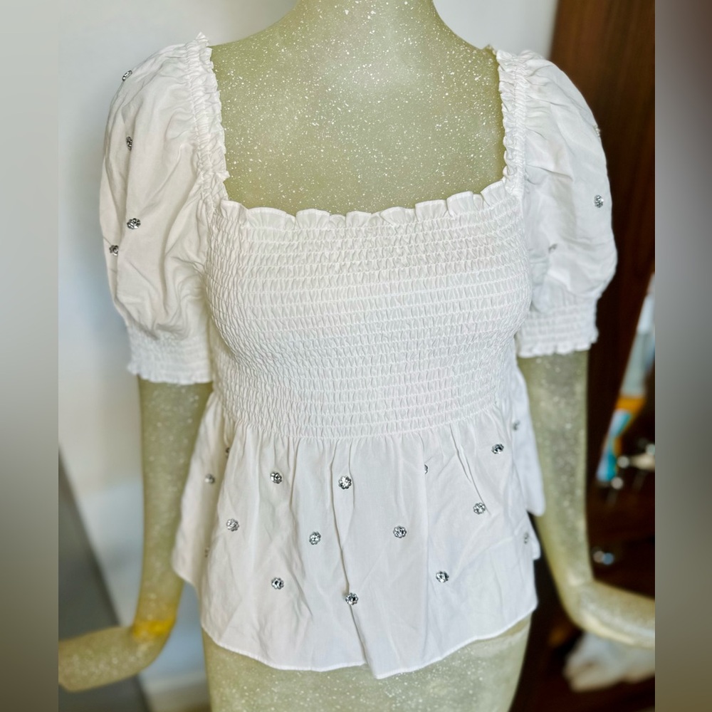 Hill House White Square Neck Puff Sleeve Embellished Top. Size Medium